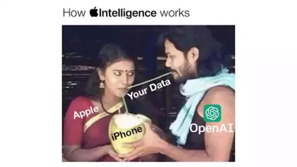 Un meme ironisant sur le fait que ChatGPT va ponctionner les données des utilisateurs d'iPhone grâce à Apple Intelligence