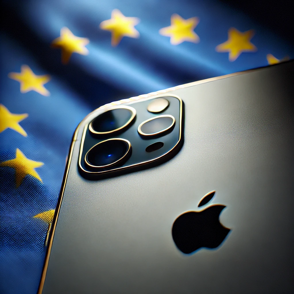 Un iPhone devant un drapeau européen