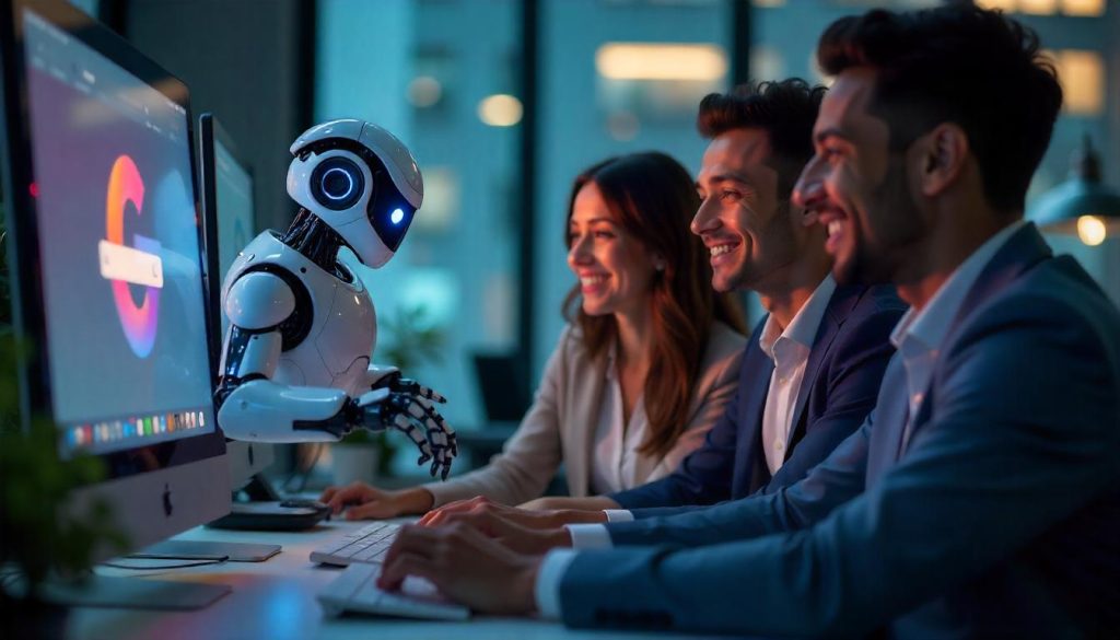 De jeunes entrepreneurs discutent avec un robot qui symbolise les IA qui font office de moteur de recherche