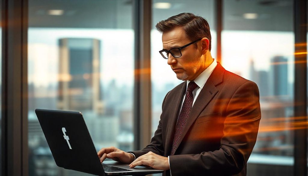 Un homme avec des lunettes consulte son ordinateur portable où figure un logo Facebook