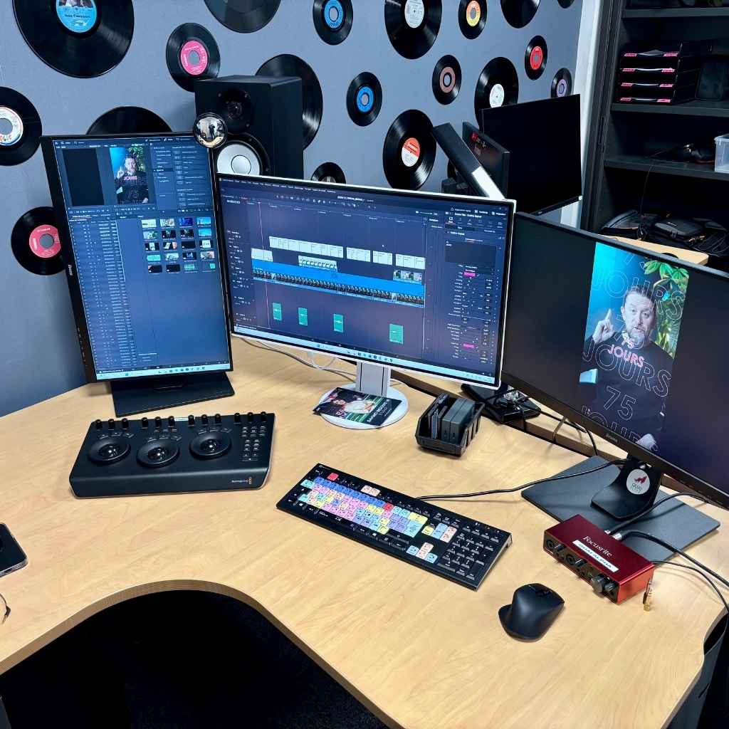 Photo d'une station de montage composée d'une clavier spécialement dédié au montage avec des touches de couleur, et 3 moniteurs