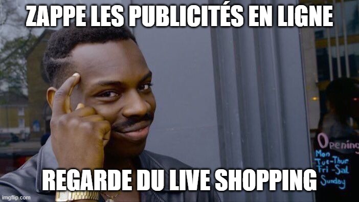 Meme qui se moque des gens qui zappent les publicités mais qui regardent du live shopping